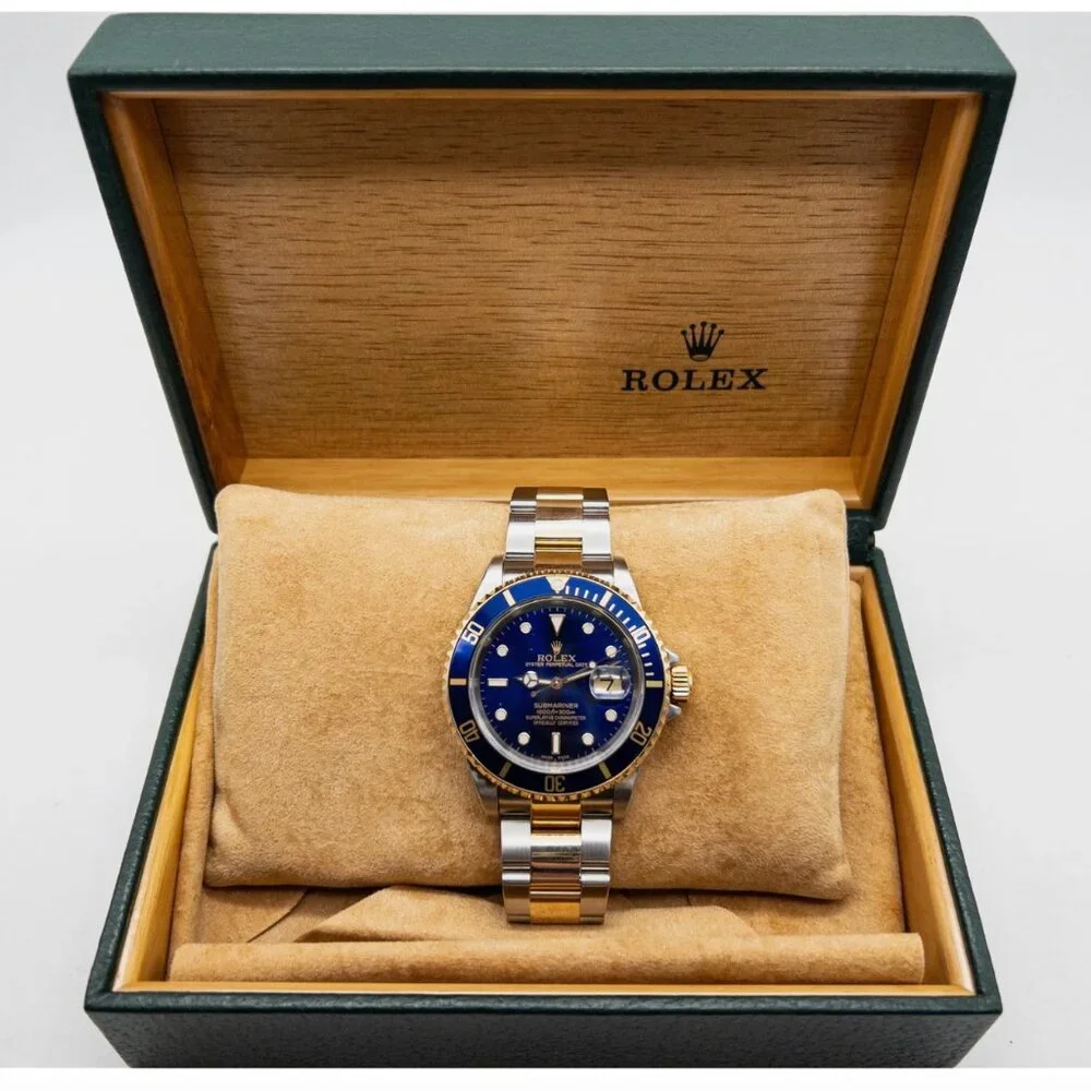 RARE Rolex BLUE SUBMARINER MINT 18k Yellow Gold SS Mens Watch BOX PAPERS